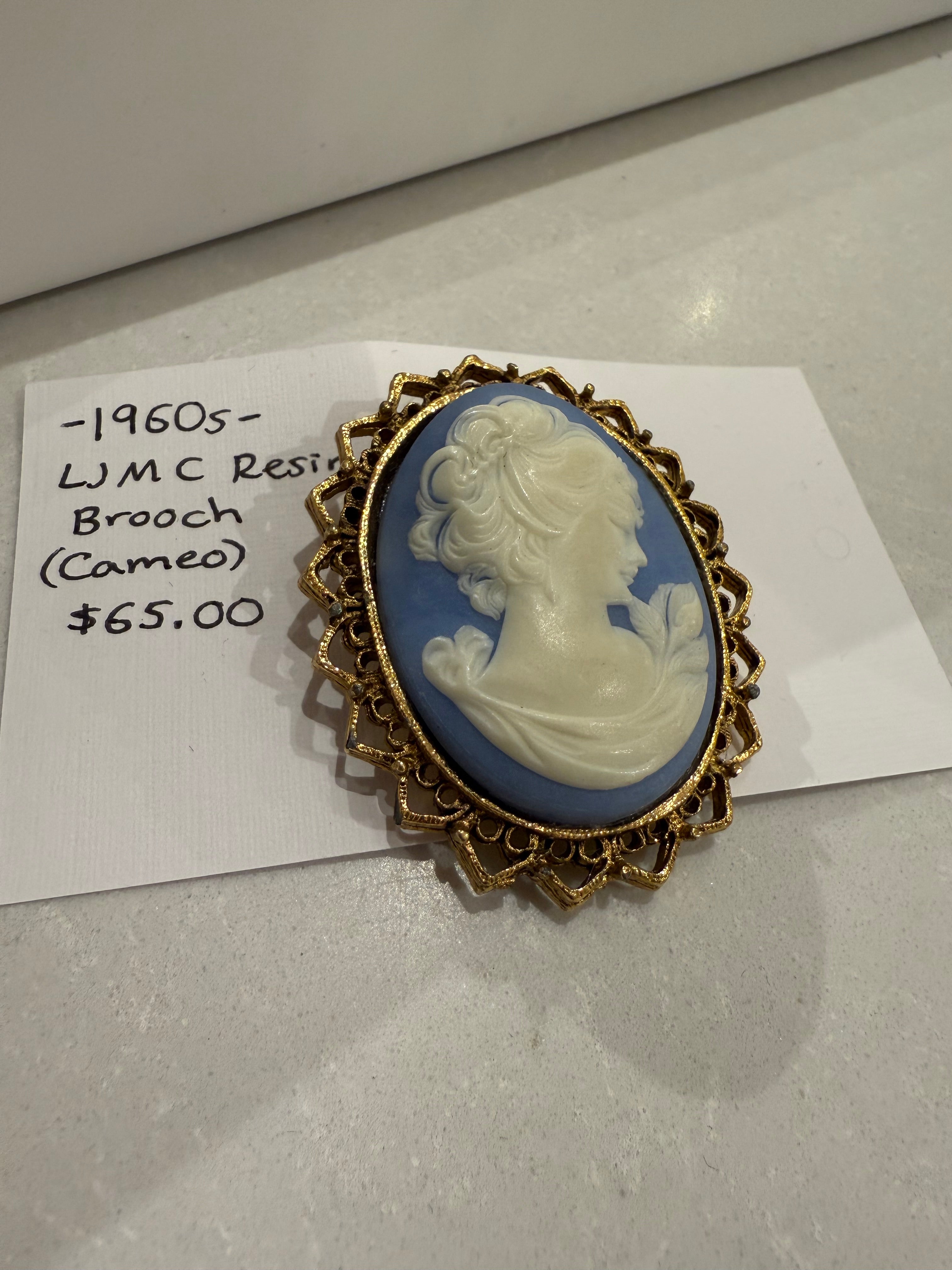 1960s Signed LJMC Blue Resin Cameo Brooch