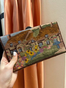 1920s Needlepoint Cottage Row House Theme Flap Clutch Bag