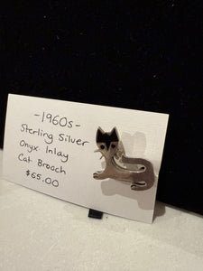 1960s Sterling Silver Onyx Inlay Cat Brooch