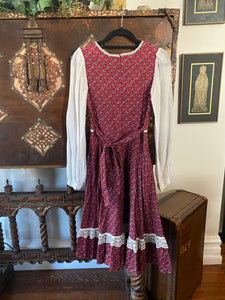 1970s Gunne Sax Cranberry Red Calico Midi Dress