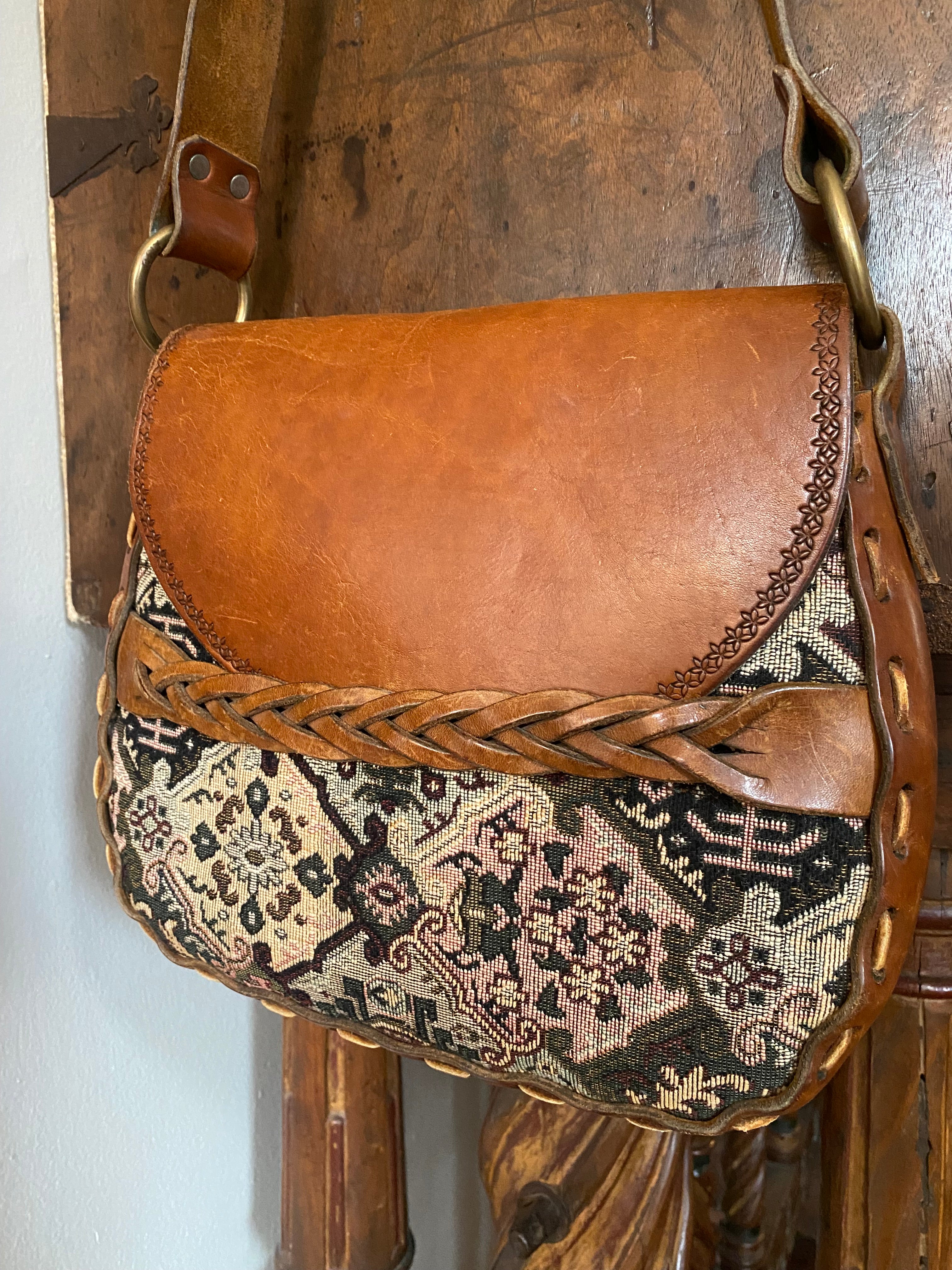 1970s Ollie Carrington Leather & Tapestry Purse