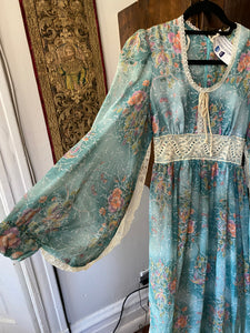 1970s Blue Bird & Butterfly Print Angel Sleeve Maxi Dress