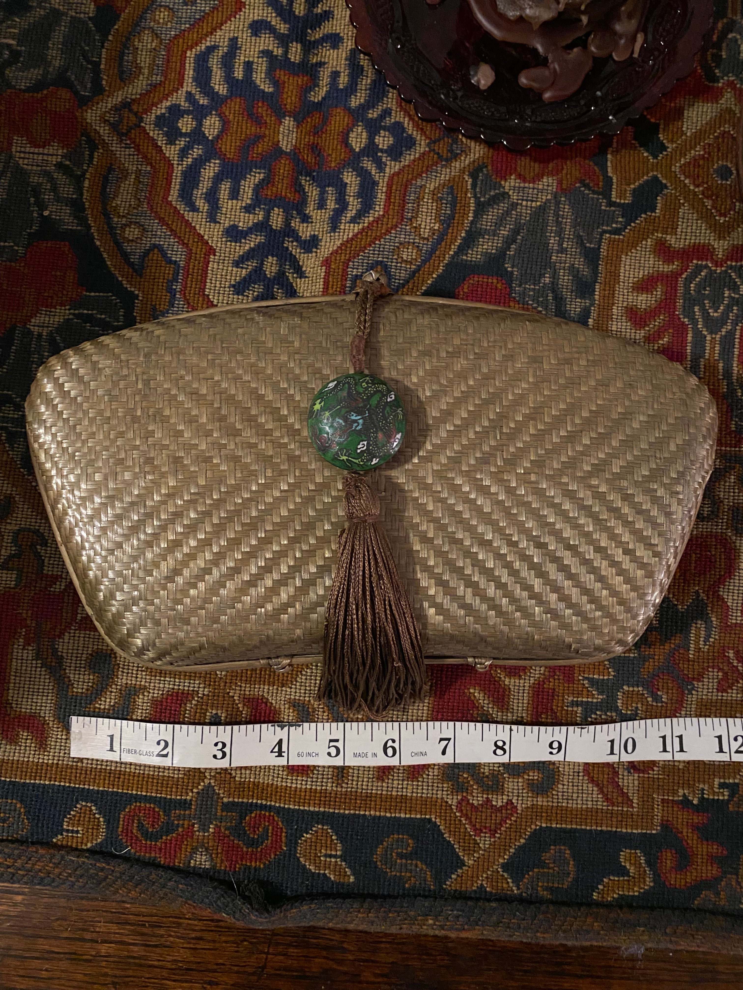 1980s Rafael Sanchez Golden Olive Woven Dragon Enamel Clutch