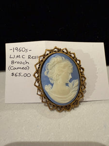 1960s Signed LJMC Blue Resin Cameo Brooch