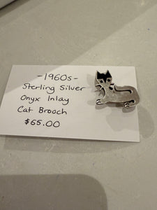 1960s Sterling Silver Onyx Inlay Cat Brooch