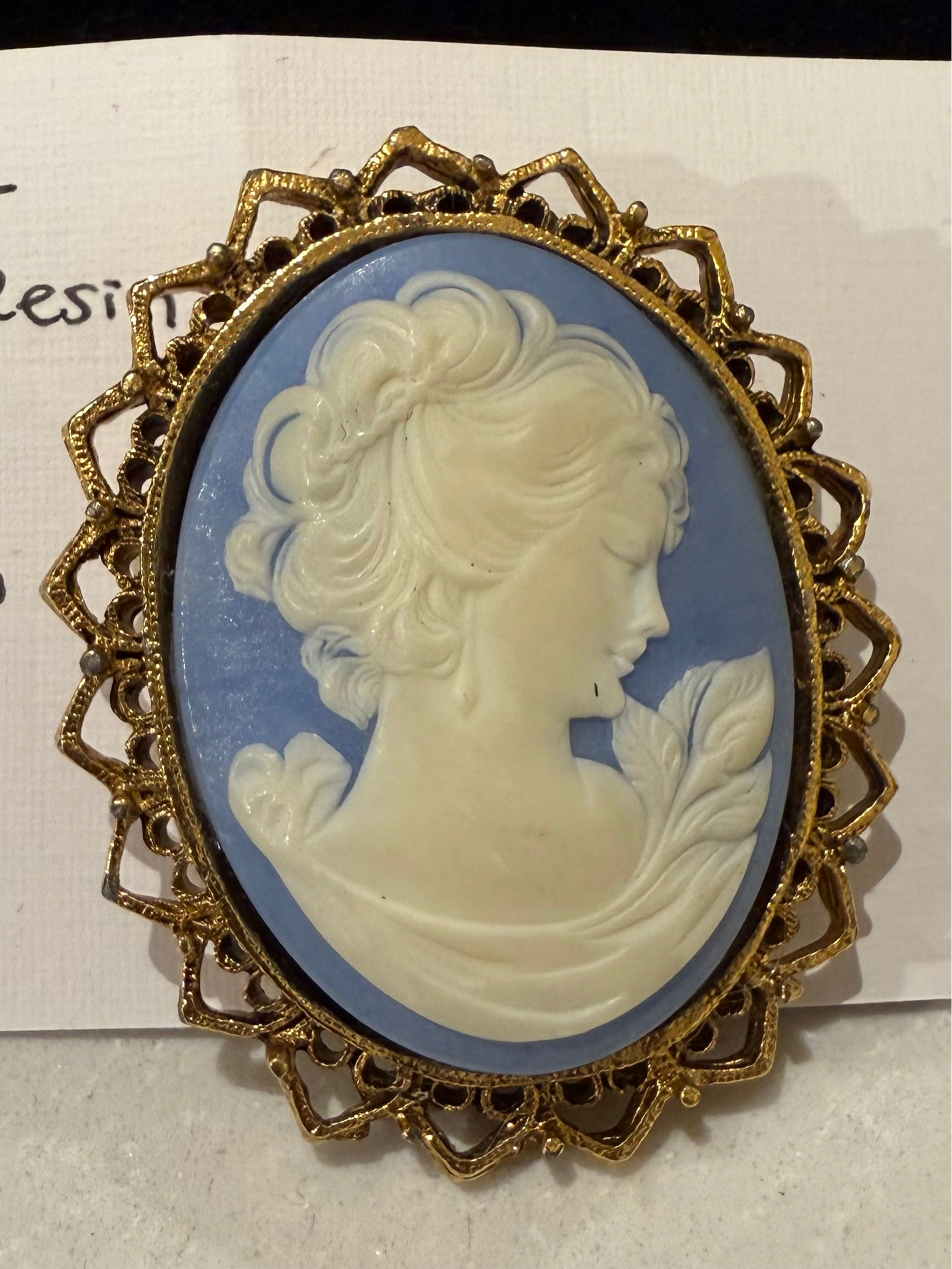 1960s Signed LJMC Blue Resin Cameo Brooch