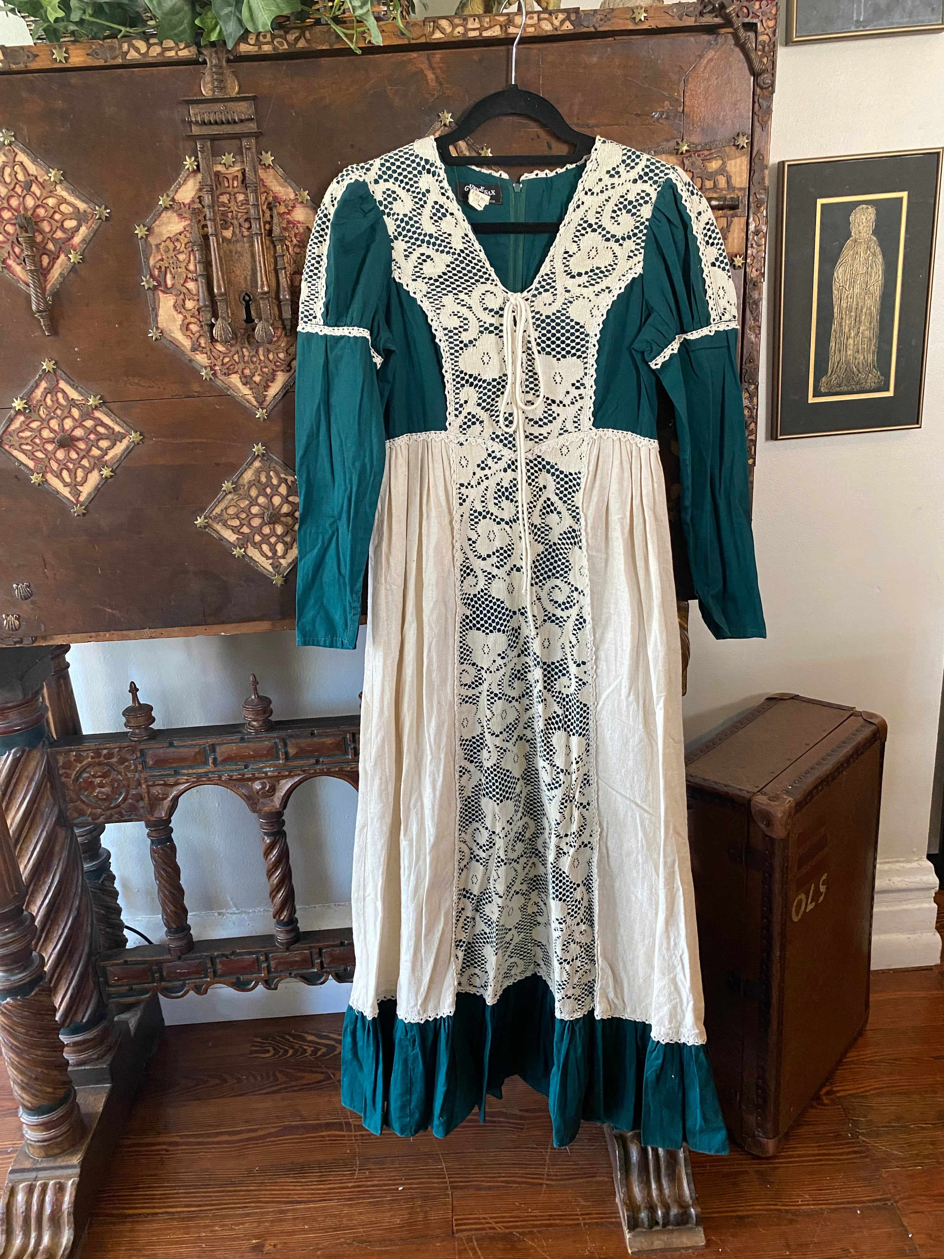 1960s Gunne Sax Black Label Green Princess Dress