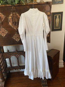 1970s Gunne Sax White Mutton Sleeve Maxi Dress