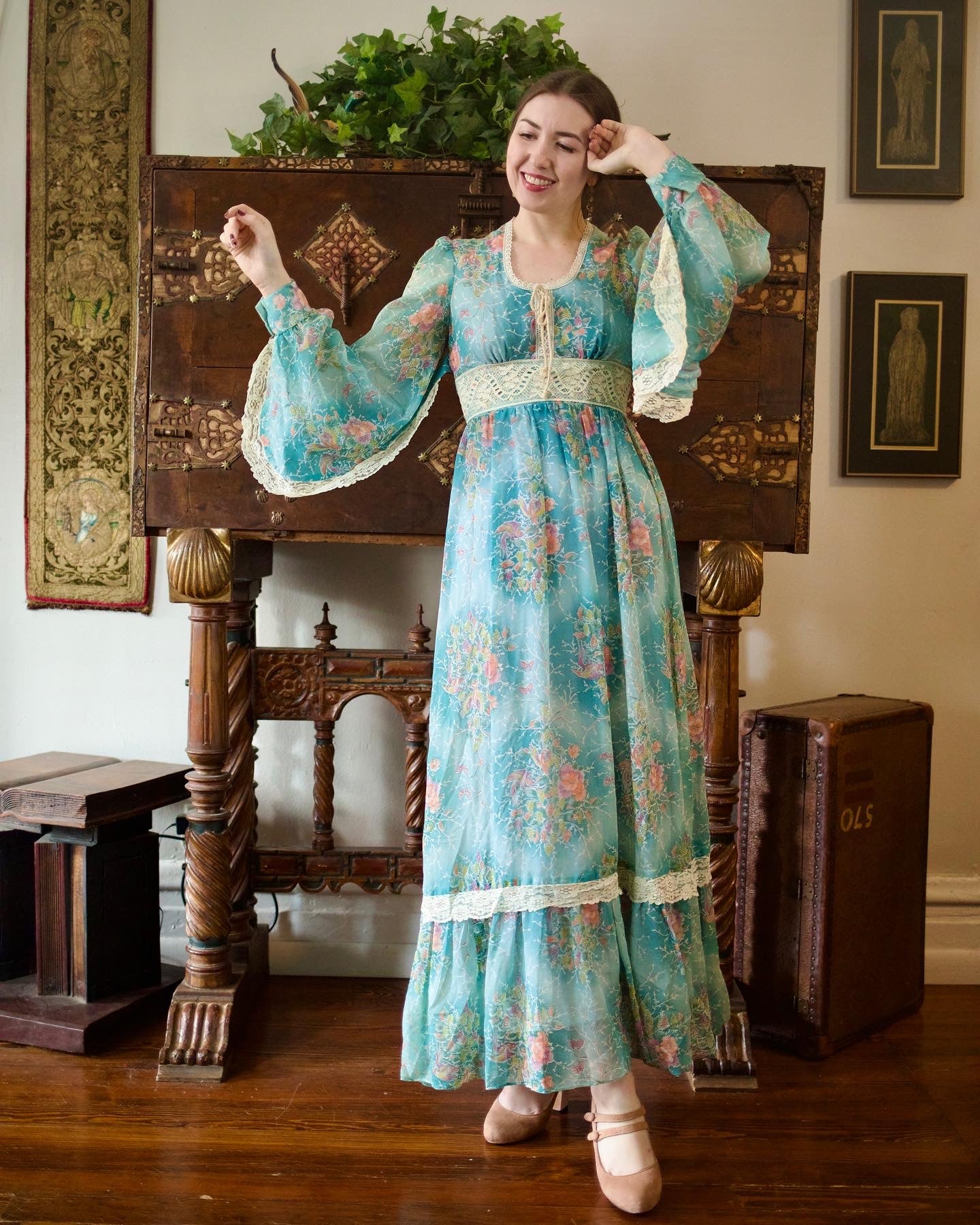 1970s Blue Bird & Butterfly Print Angel Sleeve Maxi Dress