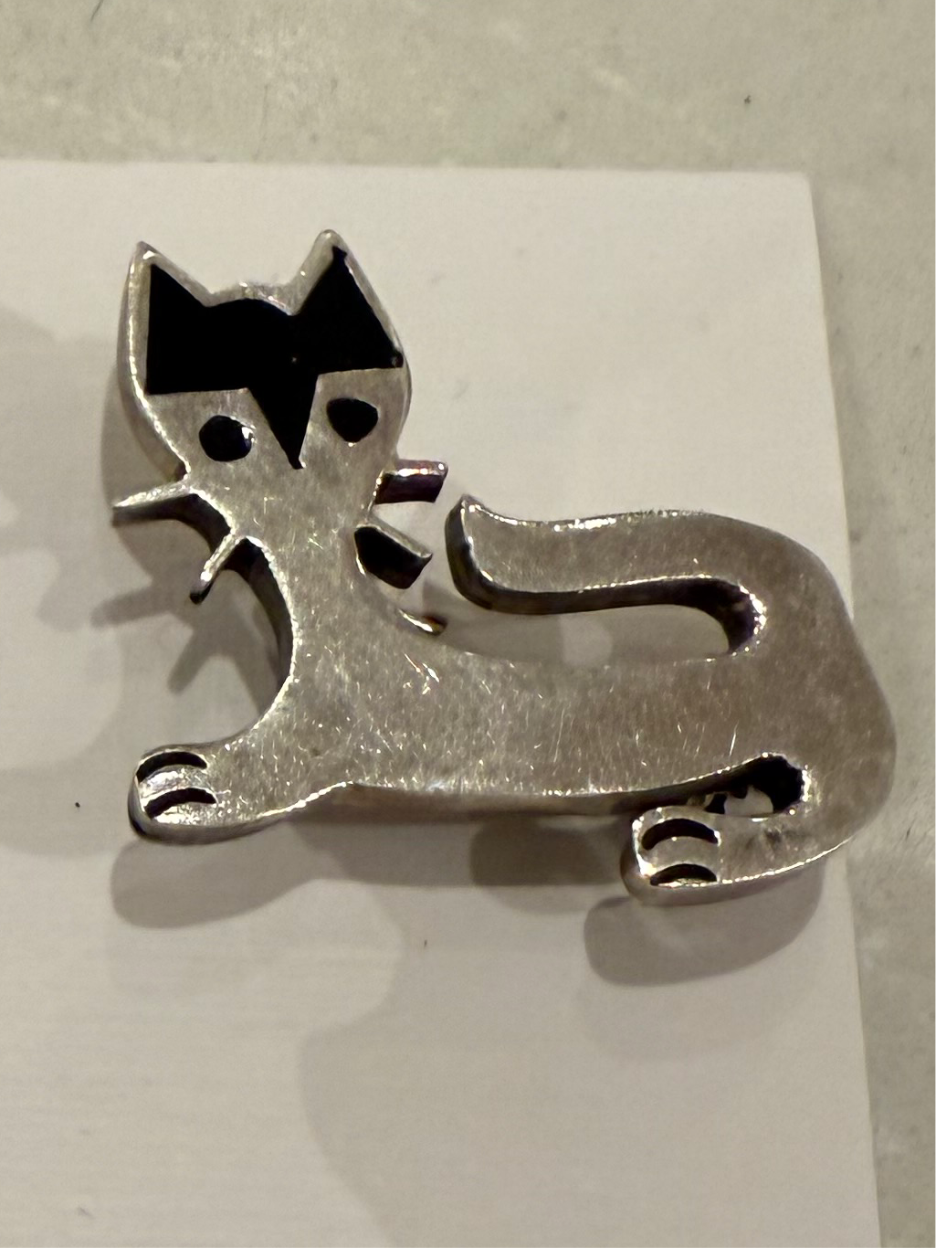 1960s Sterling Silver Onyx Inlay Cat Brooch